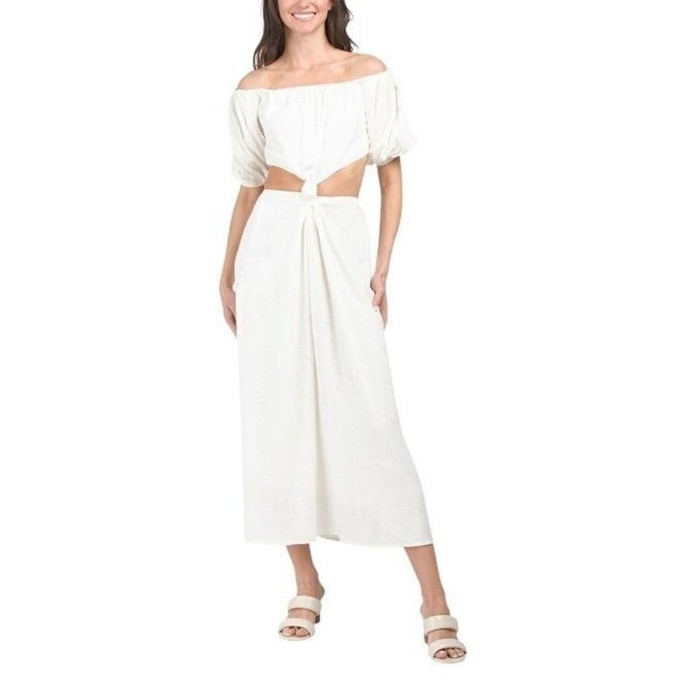 NWT Moon River‎ White Puff Sleeve Knot Front Cutout Maxi Dress Small NWT